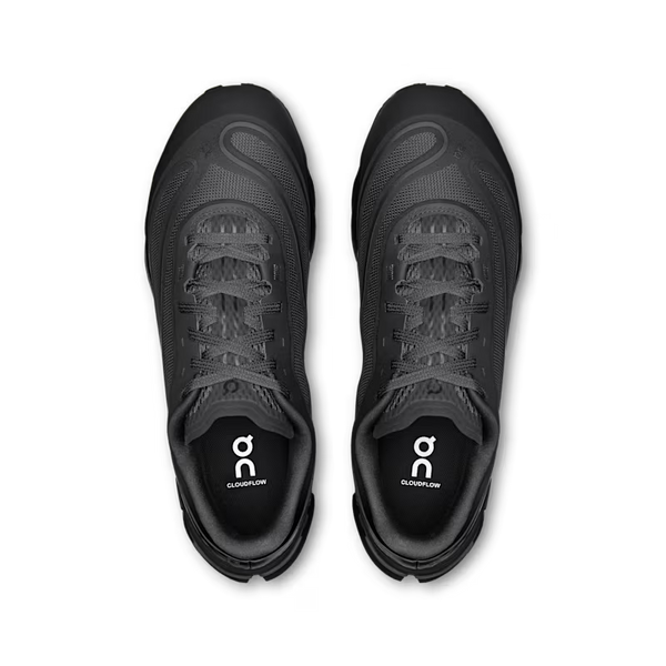 Black running shoes with 'on' logo on a white background