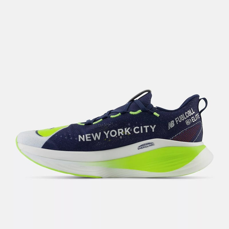 The medial side of this Carbon racing shoe has a large New York City logo on it