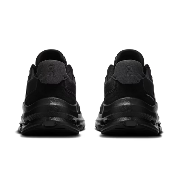 A look at the back and heel of these all black lifestyle On shoes.