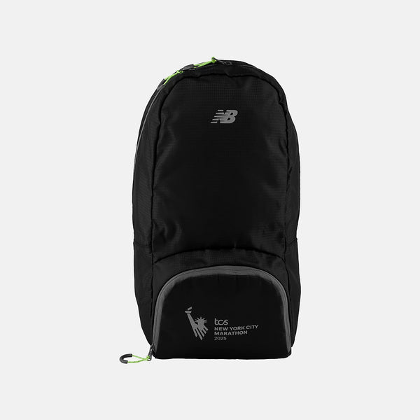 Black backpack with New Balance logo on a light gray background