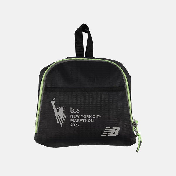 Black backpack with TCS New York City Marathon 2025 branding on a white background