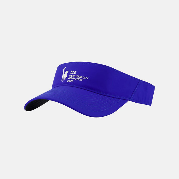 Blue visor with white text on a light gray background