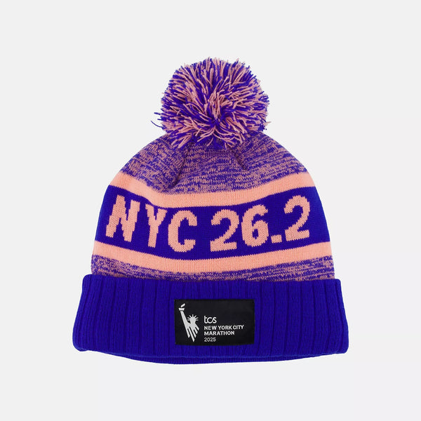 Purple and pink beanie with 'NYC 26.2' on a white background