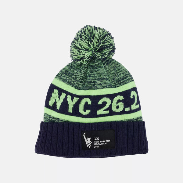 Green and navy beanie with 'NYC 26.2' text on a white background