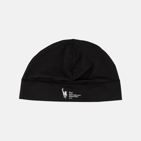 Black beanie with a logo on a light gray background