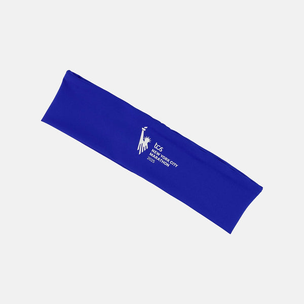 Blue headband with a logo and text on a light gray background