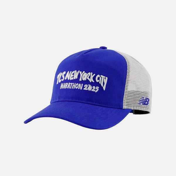 Blue cap with 'NYC Marathon 2025' text on a white background