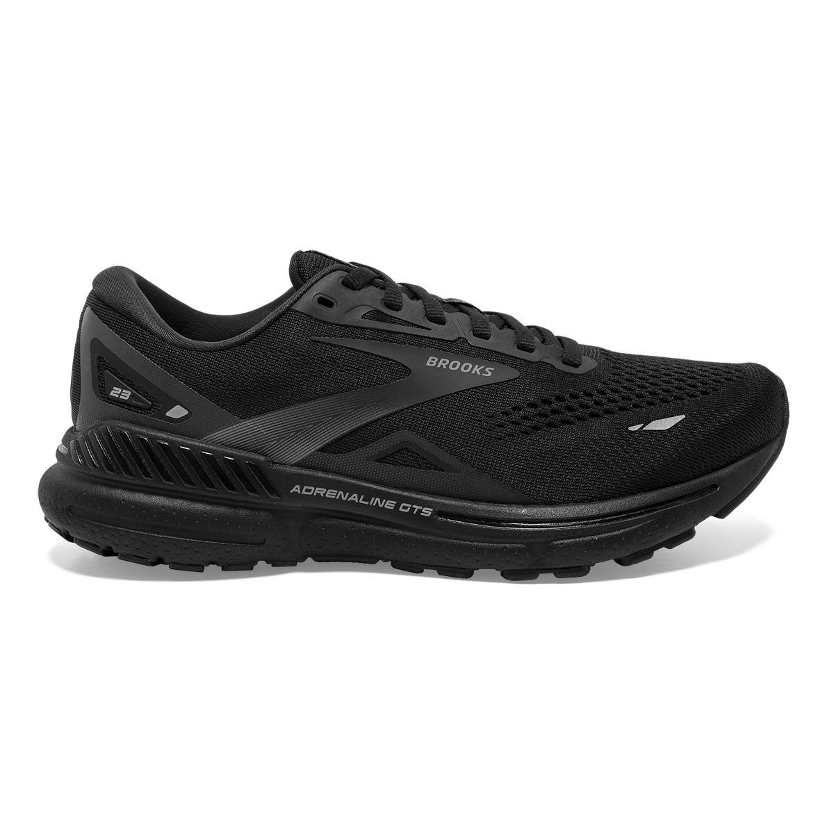 Lateral view of the Men's Adrenaline GTS 23 by Brook's in the color Black/Black/Ebony