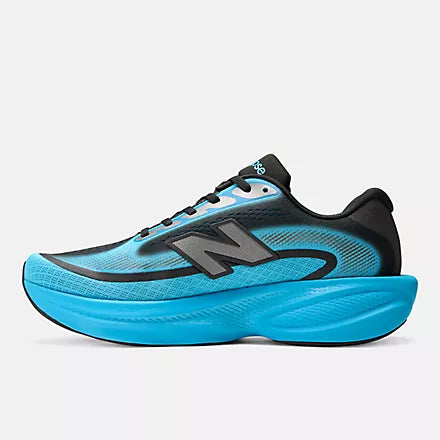 A New Balance running shoe in bright blue, black, and gray, shown against a light gray background.