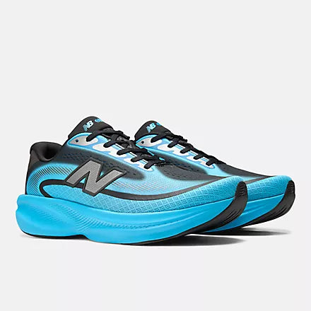 A New Balance running shoe in bright blue, black, and gray, shown against a light gray background.