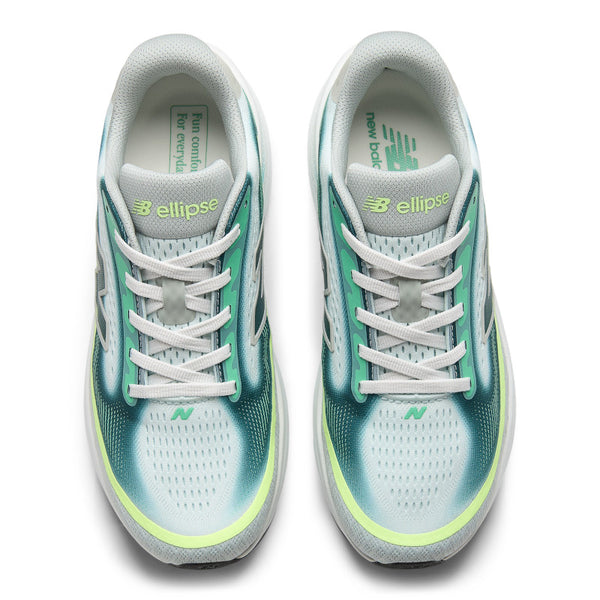 A top down look at a men's new balance shoe, highlighting the laces and the comfy looking mesh.