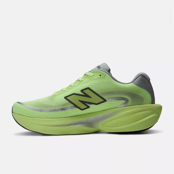 Green running shoe with New Balance logo on a white background