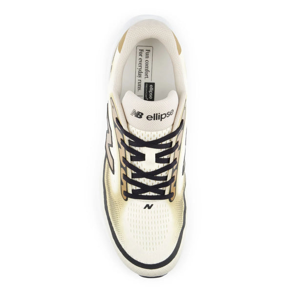 A single New Balance Ellipso running shoe shown from a top-down view on a solid white background. The shoe features a cream-colored mesh upper with black laces, black side stripes, and a black outsole edge.