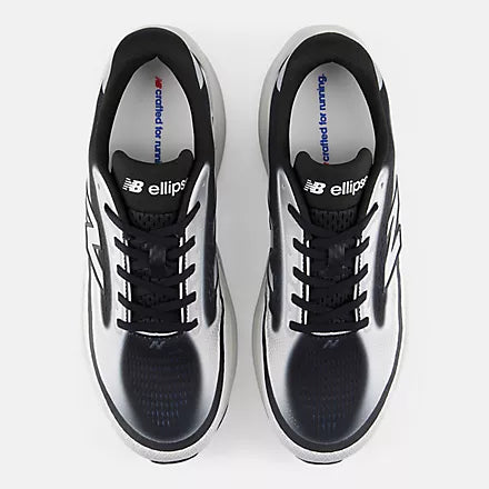 A New Balance running shoe in white, black, and gray, shown against a plain white background.