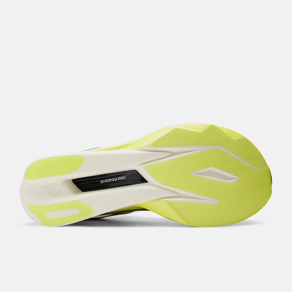 The bottom sole of a running shoe in a bright neon yellow-green and off-white colorway, featuring a black midsole insert with the text 'ENERGY ARC'.