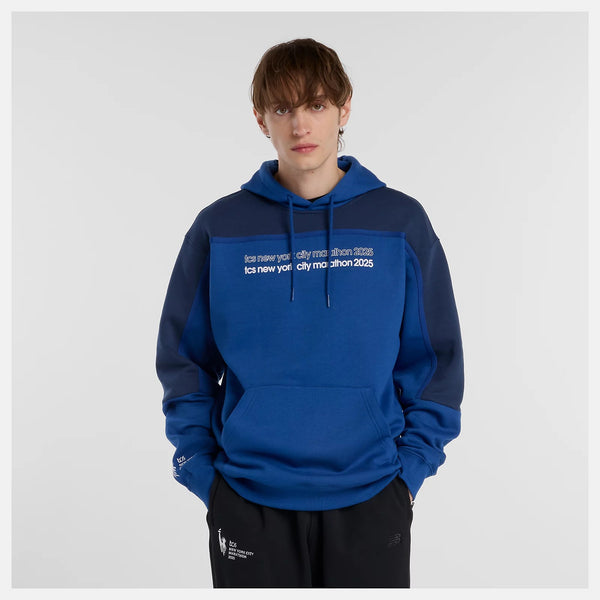 Fleece graphic hoodie that is color blocked on the arms.