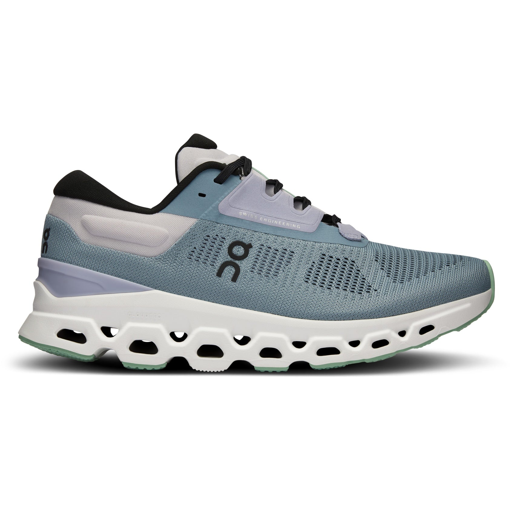Lateral view of the Women's Cloudstratus 3 by On in the color Wash/Nimbus