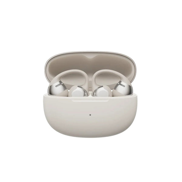 Grey wireless earbuds in an open beige charging case on a white background