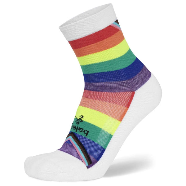 Colorful striped sock with brand logo on a white background