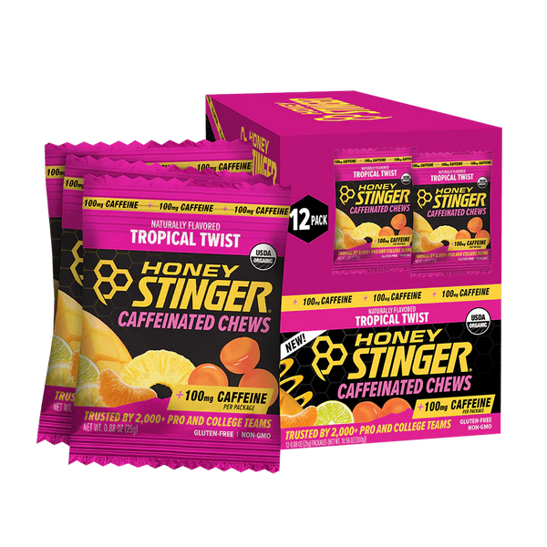 Honey Stinger caffeinated chews packaging with pink and black design on a white background