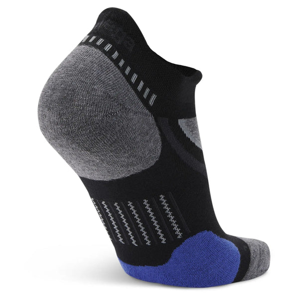 Black and gray sock with blue heel on a white background