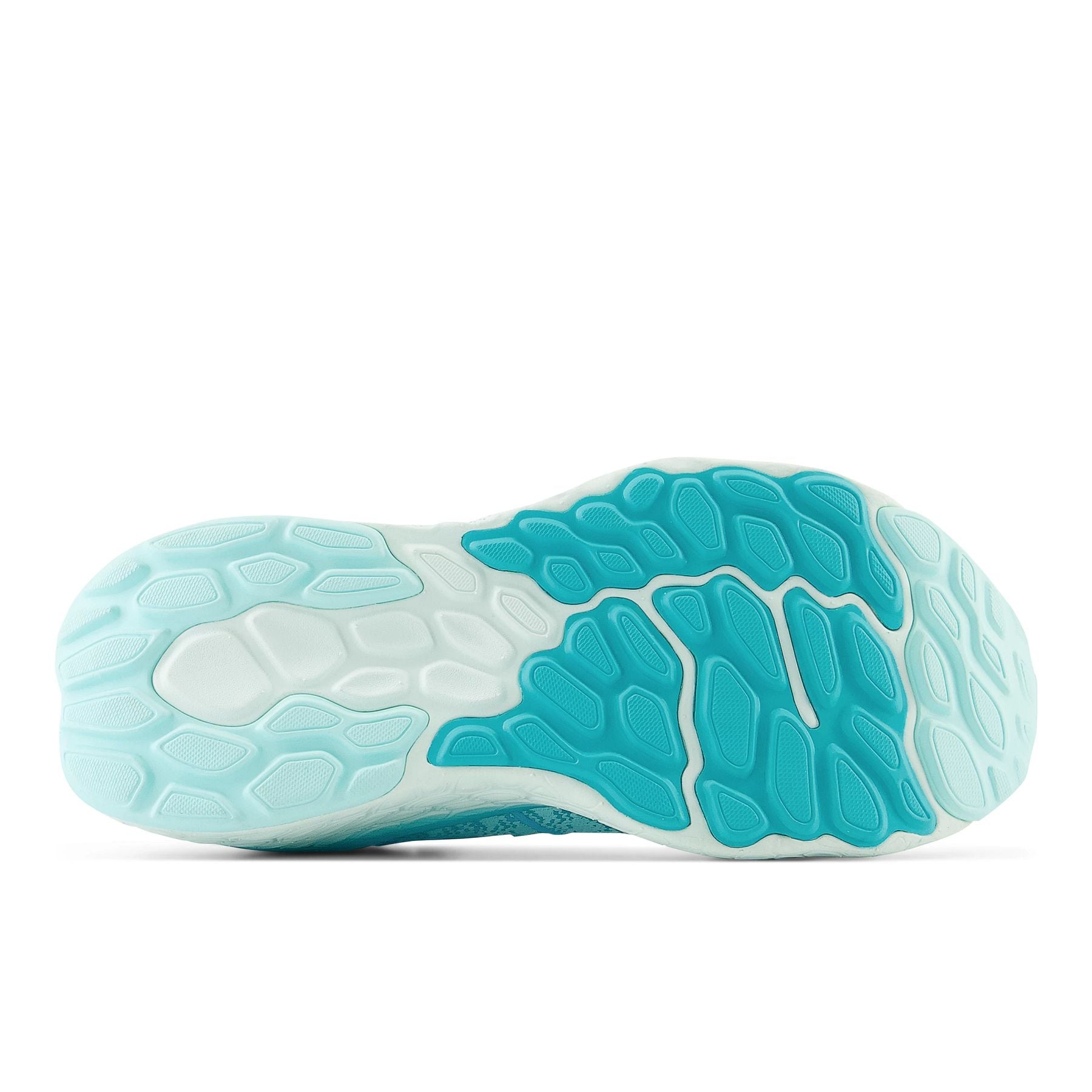 Bottom (outer sole) view of the Women's 1080 V12 by New Balance in the color Bright Cyan/Virtual Blue