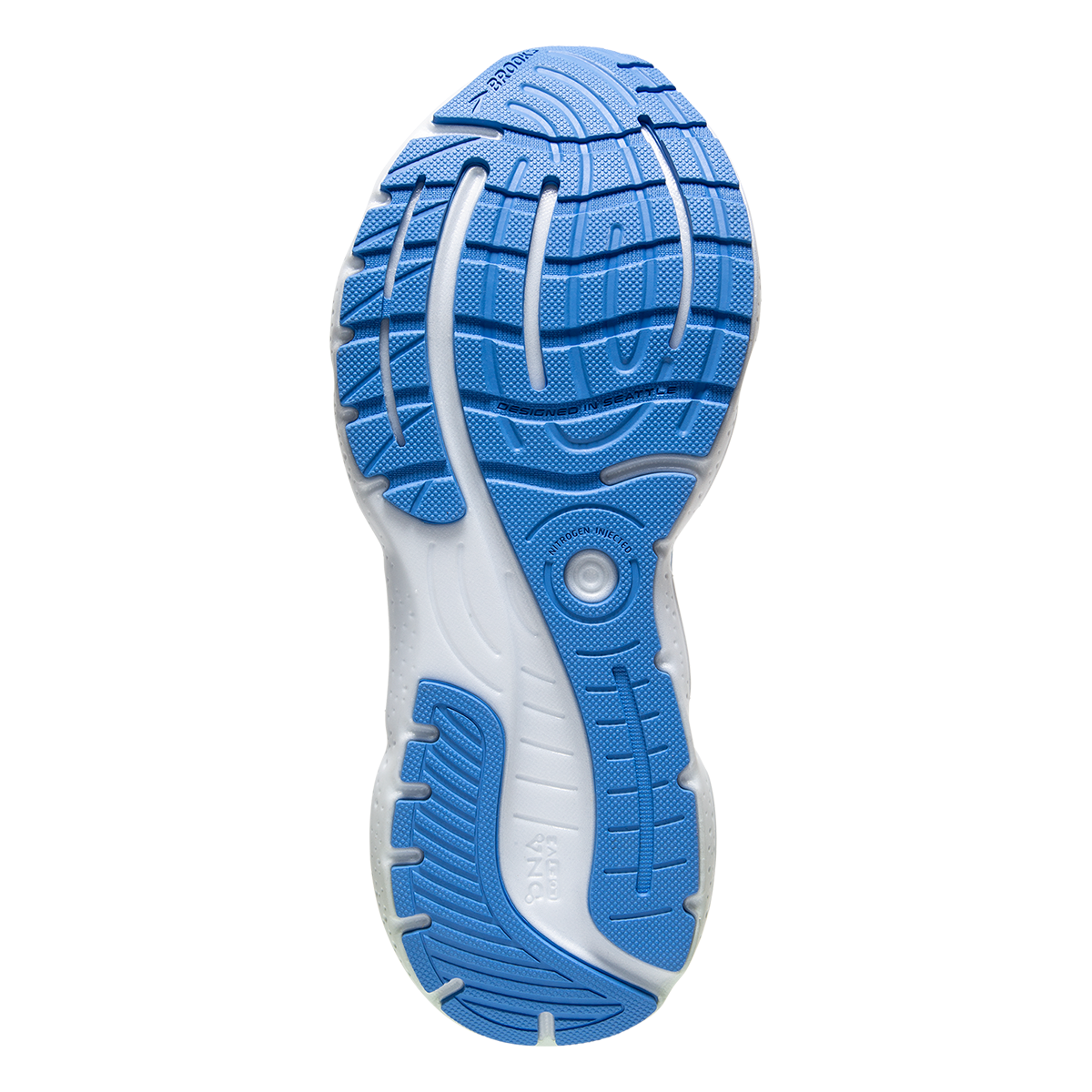 Bottom (outer sole) view of the Women's Glycerin 20 by Brook's in the color Blue Glass/Marina/Legion Blue