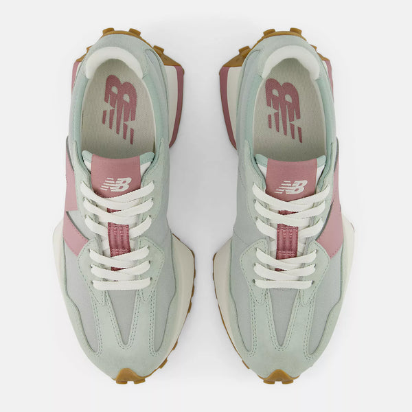 A top down look at a NB 327 shoe that is in the lifestyle category.