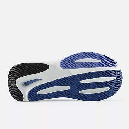 Blue running shoe with New Balance logo on a light gray background