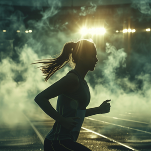 Side view of a female running. She is a dark silhouette with steam and bright lights behind her.