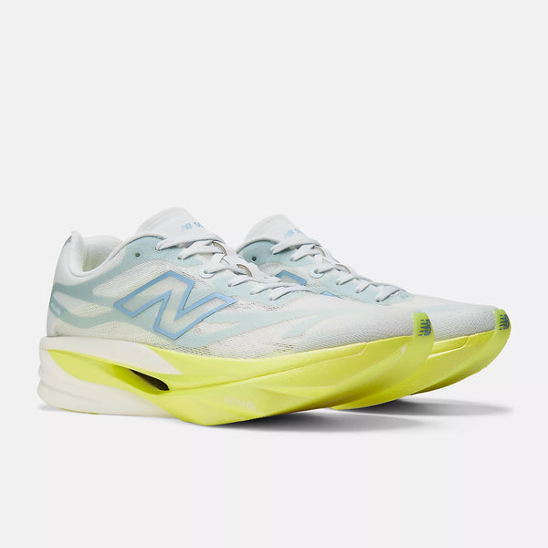New Balance 1000v4 running shoe in white, light blue, and neon yellow-green, shown from a side profile view on a light gray background.