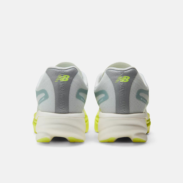 The heel of a carbon plated running shoe with the NB logo.