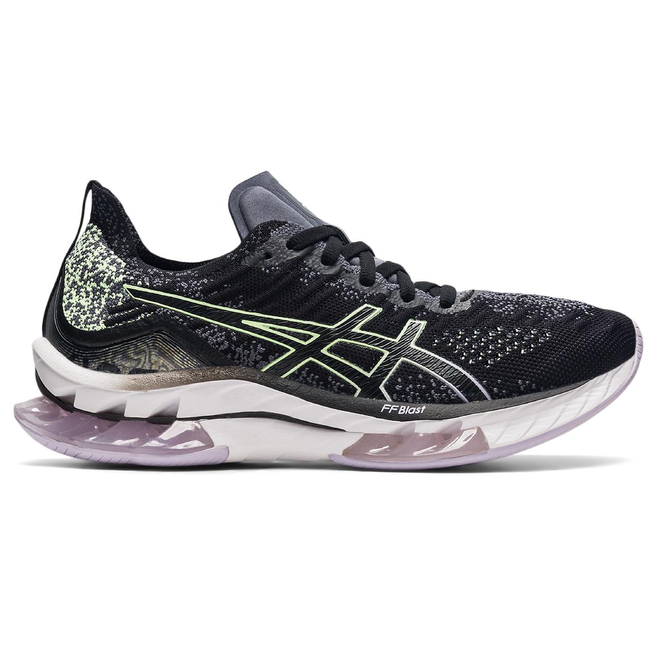 The Women's Kinsei Blast is designed for runners seeking a cushioned and smooth shoe.  The Gel in the heel and forefoot creates lots of cushioning during the landing phase- the shoe then propels you forward into that smooth transition.  ASICS also added a Pebax plate to the midsole that makes for fast transitions and lots of forward momentum. This product is in the color BIY Black / Illuminate Yellow.