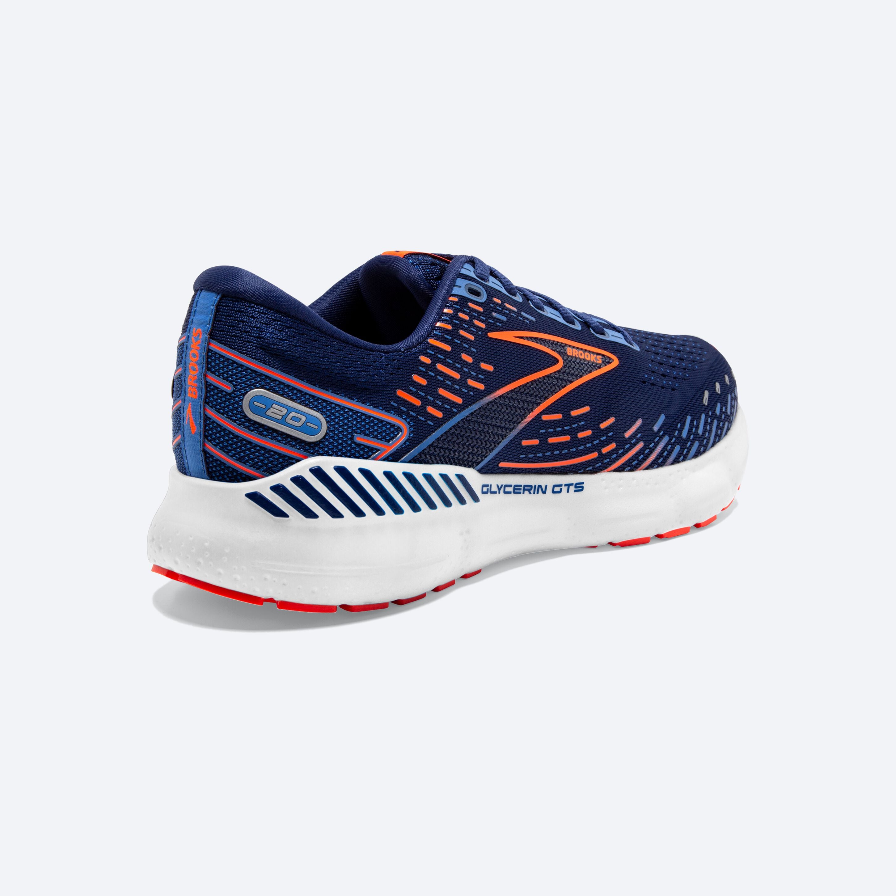 Back angle view of the Men's Glycerin GTS 20 in the wide 2E width, color Blue depths/Palace blue/Orange