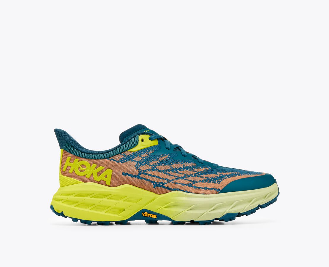 Lateral view of the Men's Speedgoat 5 by HOKA in the color Blue Coral / Evening Primrose