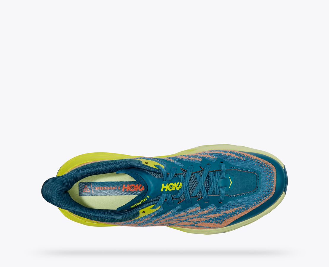 Top view of the Men's Speedgoat 5 by HOKA in the color Blue Coral / Evening Primrose