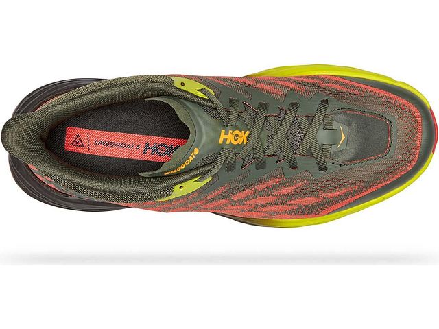 Top view of the Men's Speedgoat 5 by HOKA in the color Thyme / Fiesta