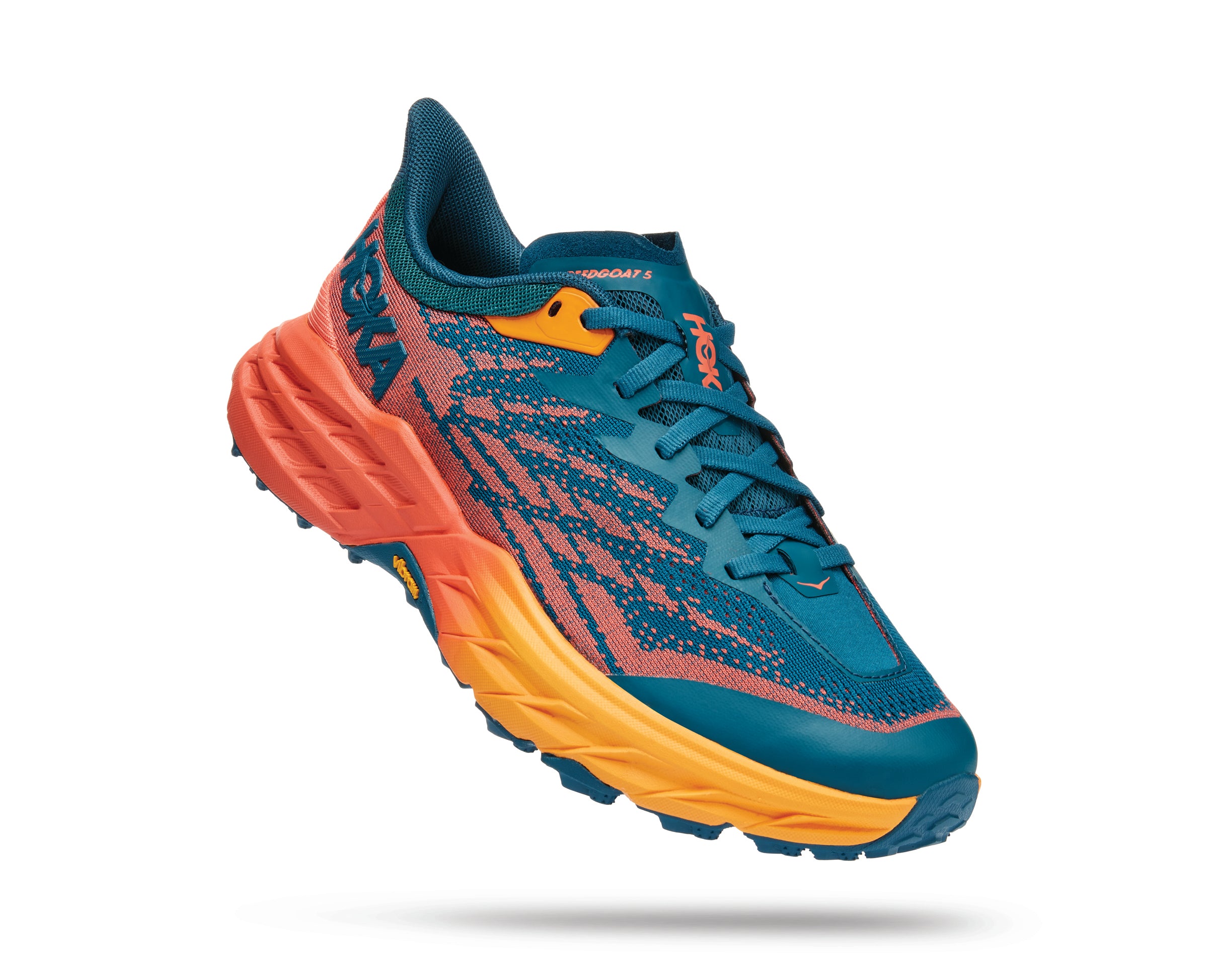 Lateral angle view of the Women's Speedgoat 5 by HOKA in the color Blue Coral / Camellia