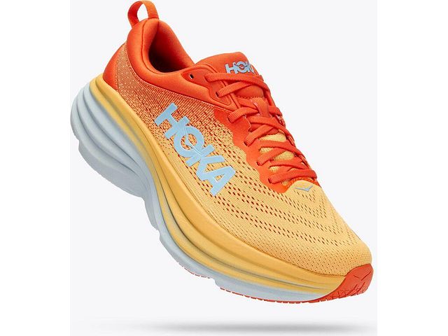 Lateral angled view of the Men's HOKA Bondi 8 in the wide "2E" width, color Puffin's Bill / Amber Yellow