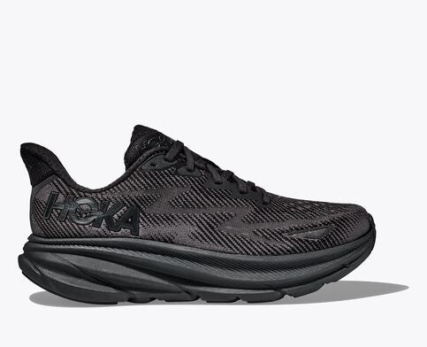 Lateral view of the Men's HOKA Clifton 9 in the color Black/Black