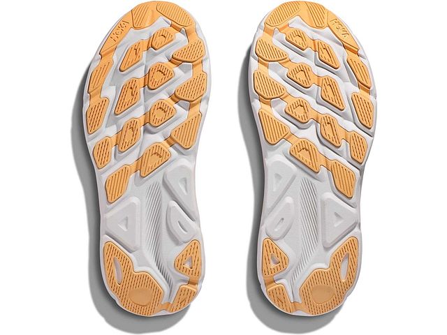 Bottom (outer sole) view of the Men's Clifton 9 by HOKA in the color Vibrant Orange/Impala