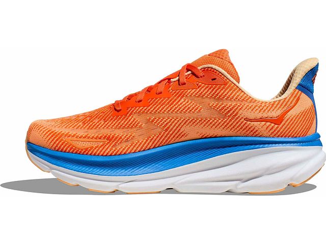 Medial view of the Men's Clifton 9 by HOKA in the wide "2E" width, color Vibrant Orange/Impala