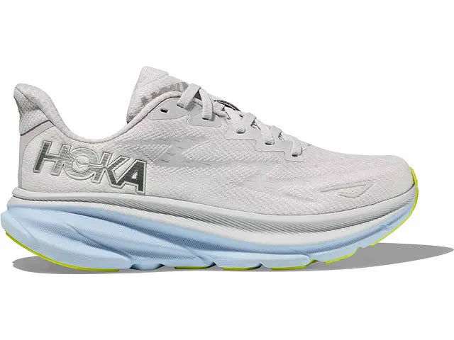 Lateral view of the Women's Clifton 9 in the wide D width, color Nimbus Cloud/Ice Water