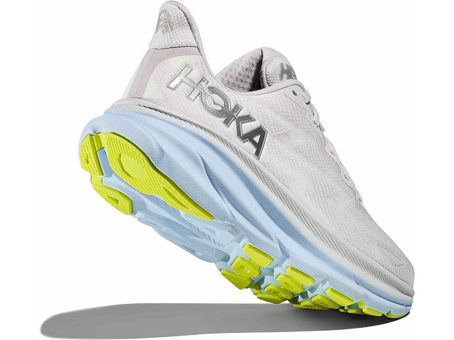 Back angled view of the Women's Clifton 9 in the wide D width, color Nimbus Cloud/Ice Water