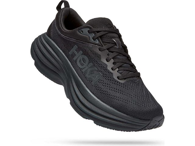 Lateral angled view of the Women's Bondi 8 by HOKA in the color Black/Black