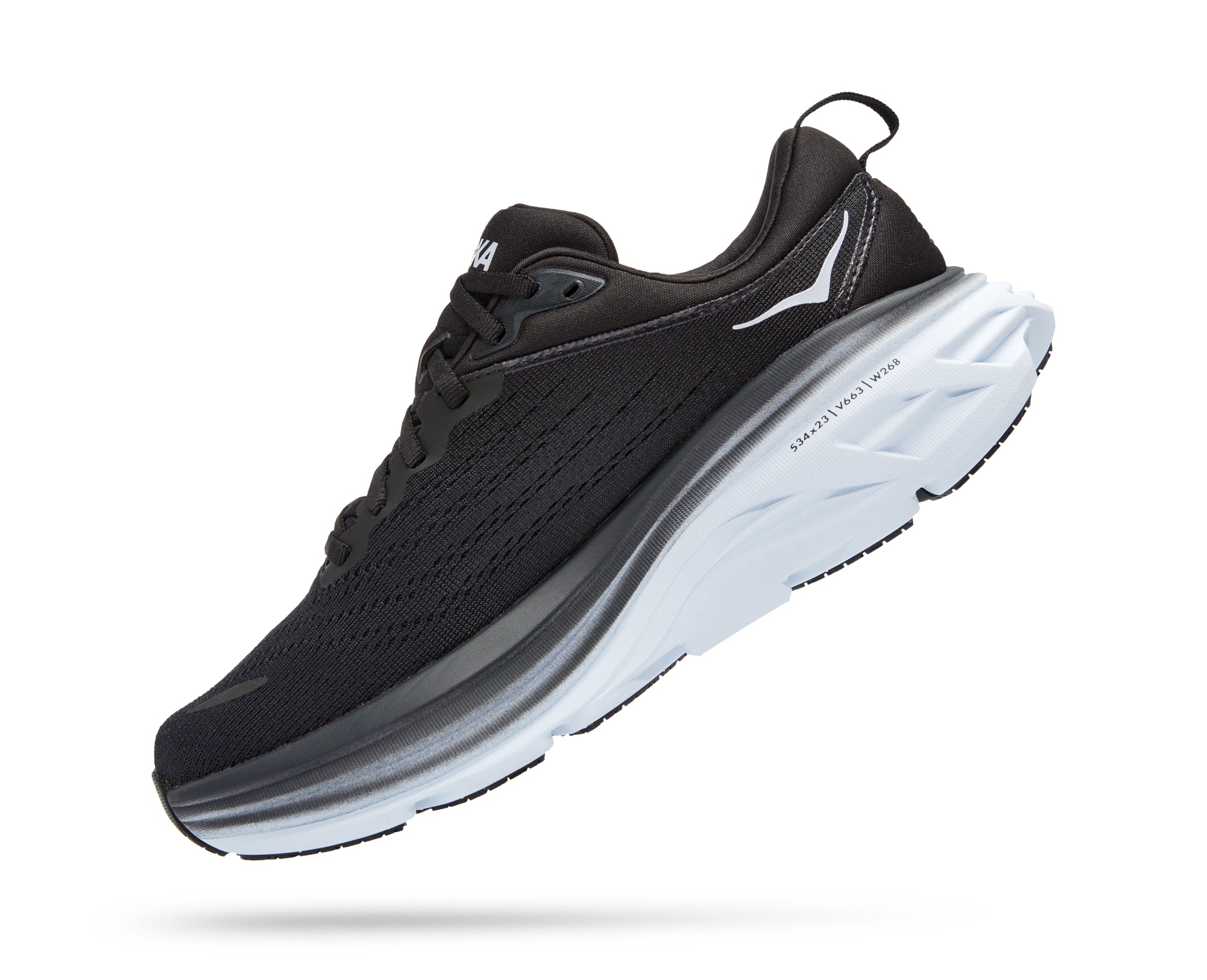 A medial side view of the women's Hoka Bondi 8 "Wide" D width in black and white.