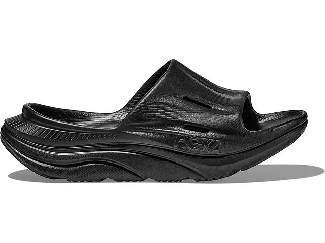 Lateral view of the HOKA Ora Recovery Slide 3 in Black/Black
