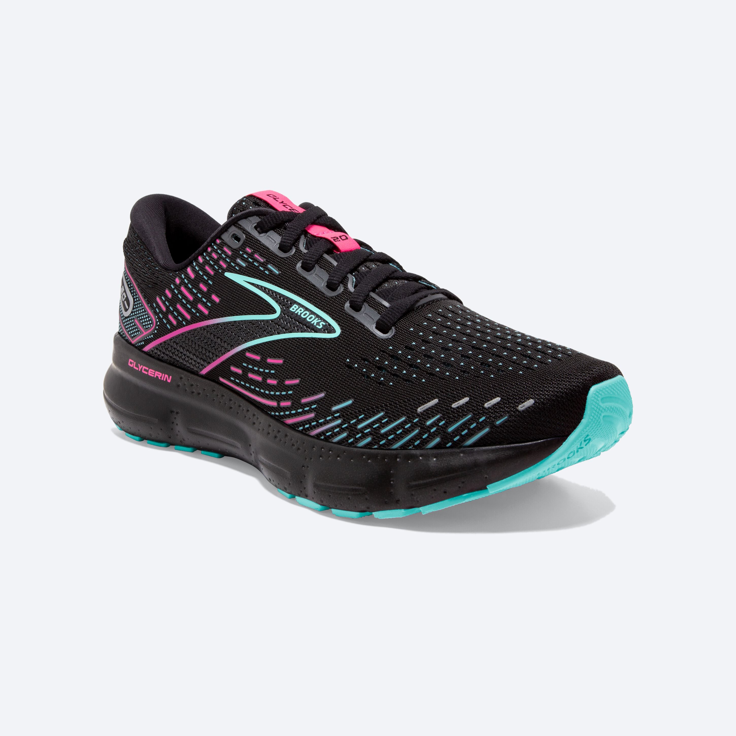 Front angle view of the Women's Glycerin 20 in Black/Blue Light/Pink