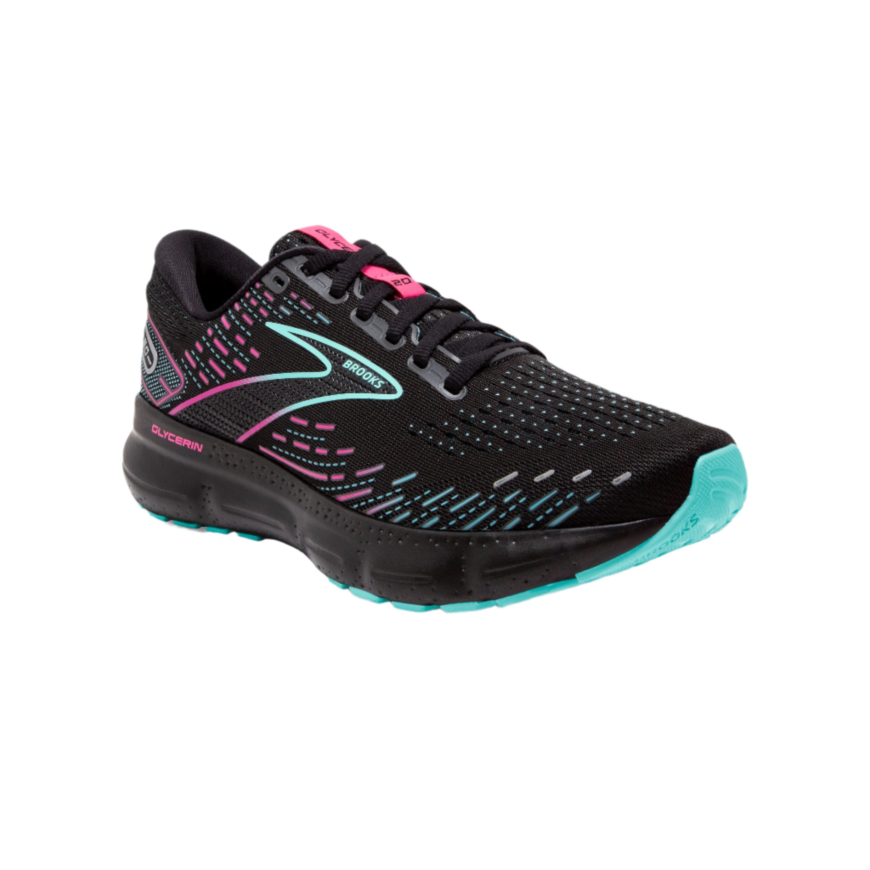 Front angle view of the Women's Glycerin 20 in Black/Blue Light/Pink