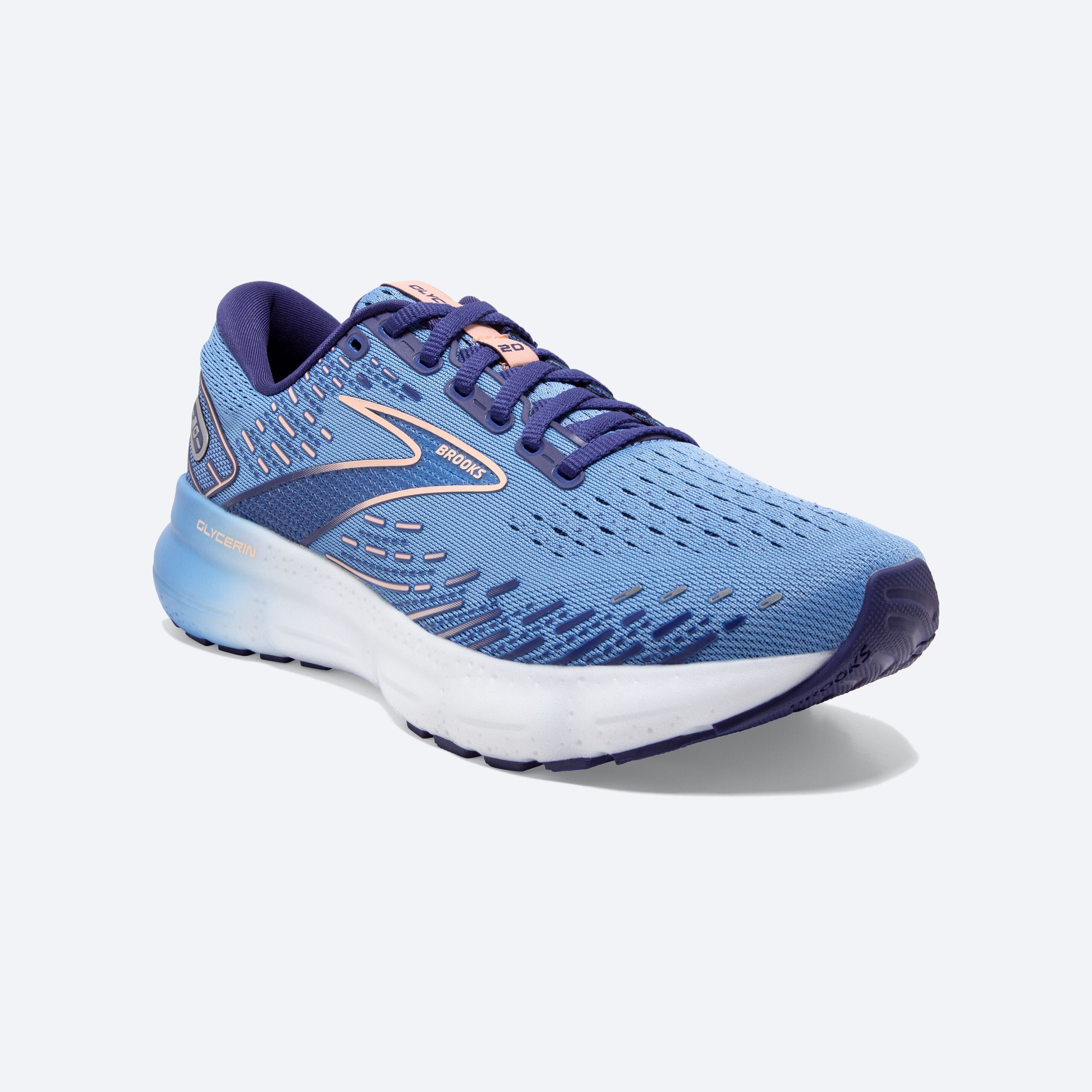 Front angle view of the Women's Glycerin 20 in Blissful Blue/Peach/White